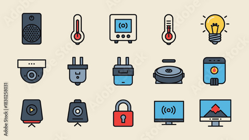 A collection of flat design icons representing various smart home devices and technology, including speakers, thermometers, security cameras, and smart appliances.