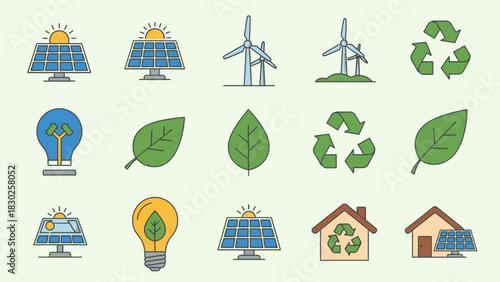 Icons representing renewable energy and environmental sustainability.