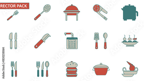 A collection of vector icons representing various kitchen utensils and cooking equipment, presented in a clean, modern style.