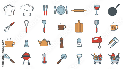 Collection of various kitchen utensils and cooking tools, perfect for culinary projects.