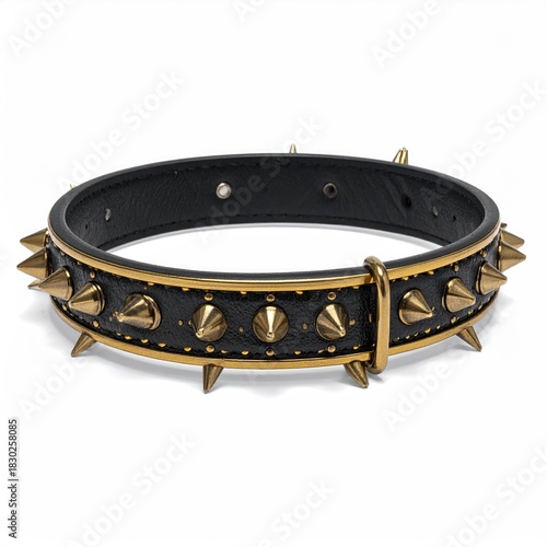 Black leather dog collar with gold studs and spikes