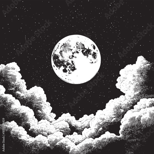 Black and white dotwork illustration of the full moon surrounded by clouds, detailed stippling style night sky artwork with atmospheric celestial mood , vector style simple color