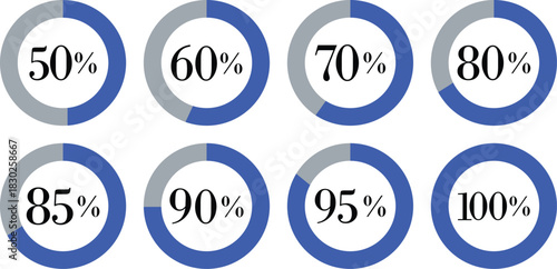 Infographic Circle with Percentage Icon set. Round diagrams icons for infographics from 0 to 100 percent collection.Design for dashboards, UI, reports, and analytics visuals. Vector illustration.