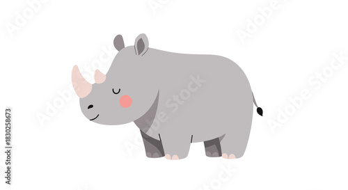 A cute and minimalist cartoon grey rhinoceros with pink cheeks and horns stands facing left on a clean white background, portraying a happy and gentle character.