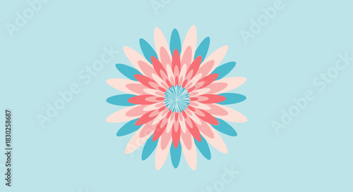 A beautiful abstract flower illustration featuring concentric layers of petals in pastel pink, coral, and teal on a tranquil blue field.
