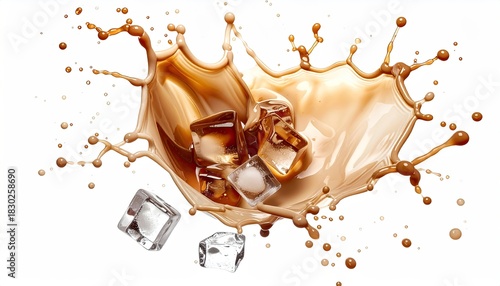 Coffee or cola splash with ice cubes