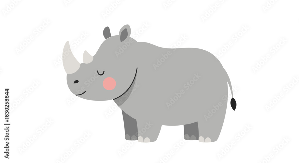 Obraz premium A sweet and gentle grey cartoon rhinoceros with closed eyes and pink cheeks smiles on a clean white background.