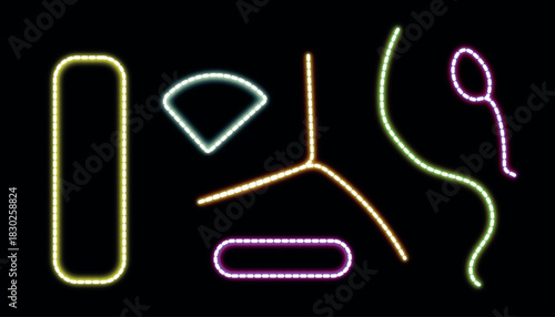 Collection of glowing neon light shapes and abstract futuristic line art elements forming various abstract patterns on