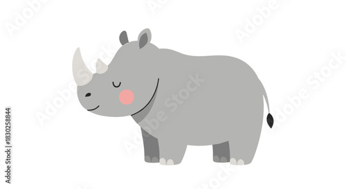 A sweet and gentle grey cartoon rhinoceros with closed eyes and pink cheeks smiles on a clean white background.