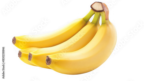 A bunch of ripe yellow bananas hanging together on a black background in a studio setting