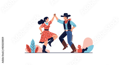 A cartoon illustration of a joyful cowboy and cowgirl doing a lively square dance, holding hands and kicking up their heels.