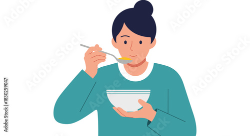 An illustration of a smiling person enjoying a warm meal from a bowl with a spoon, set against a clean white background.