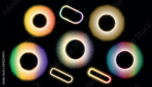 Collection of abstract glowing neon light rings and capsule shapes radiating light against a