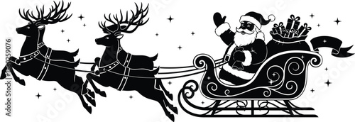 Vector Silhouette of Santa Claus Flying in a Sleigh with Reindeer for Christmas Holiday Decoration.