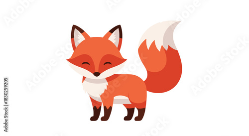 Adorable and cheerful cartoon fox with bright orange fur and a fluffy white-tipped tail, depicted in a happy pose on a clean white background.