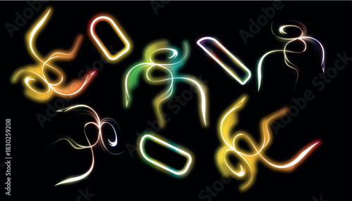 Collection of abstract glowing neon light trails and shapes in vibrant rainbow colors against a stark