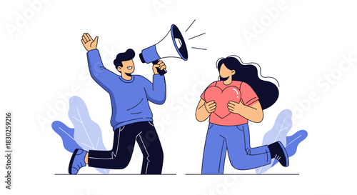 A man announces loudly with a megaphone while a woman shares love by carrying a large heart, symbolizing communication and care.