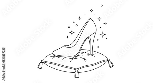 Elegant high heel shoe resting on a decorative royal pillow with sparkling effects, symbolizing a fairytale or special occasion.