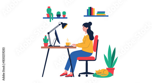 Illustrated scene of a woman working productively at her computer in a well-organized home office space with plants and books.