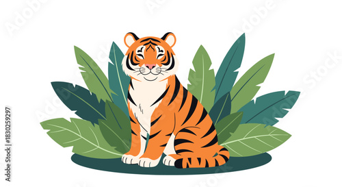 A cute cartoon tiger with orange fur and black stripes sits contentedly among vibrant green jungle leaves, smiling gently on a clean white background.