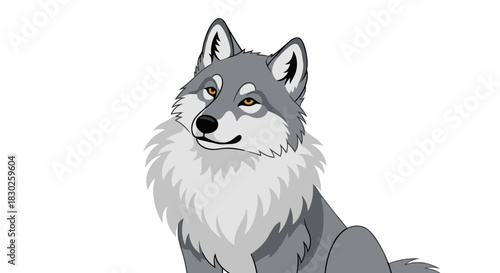 An adorable cartoon gray wolf with expressive golden eyes and a fluffy white mane sits elegantly against a pristine white backdrop.
