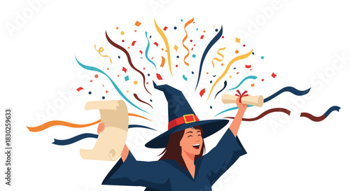 A joyful graduate wearing a witch's hat celebrates her magical academic achievement, holding two diplomas amidst falling confetti and streamers.