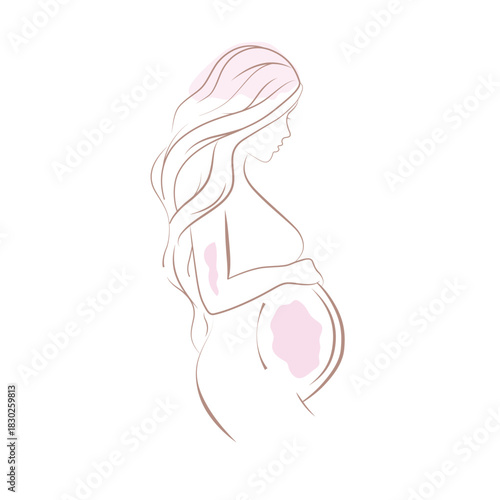 Pregnancy & Motherhood Banner Vector – Happy Mother’s Day Illustration with Pregnant Woman Hugging Baby Bump, Expecting Mom Character, Maternity Design with Text Space