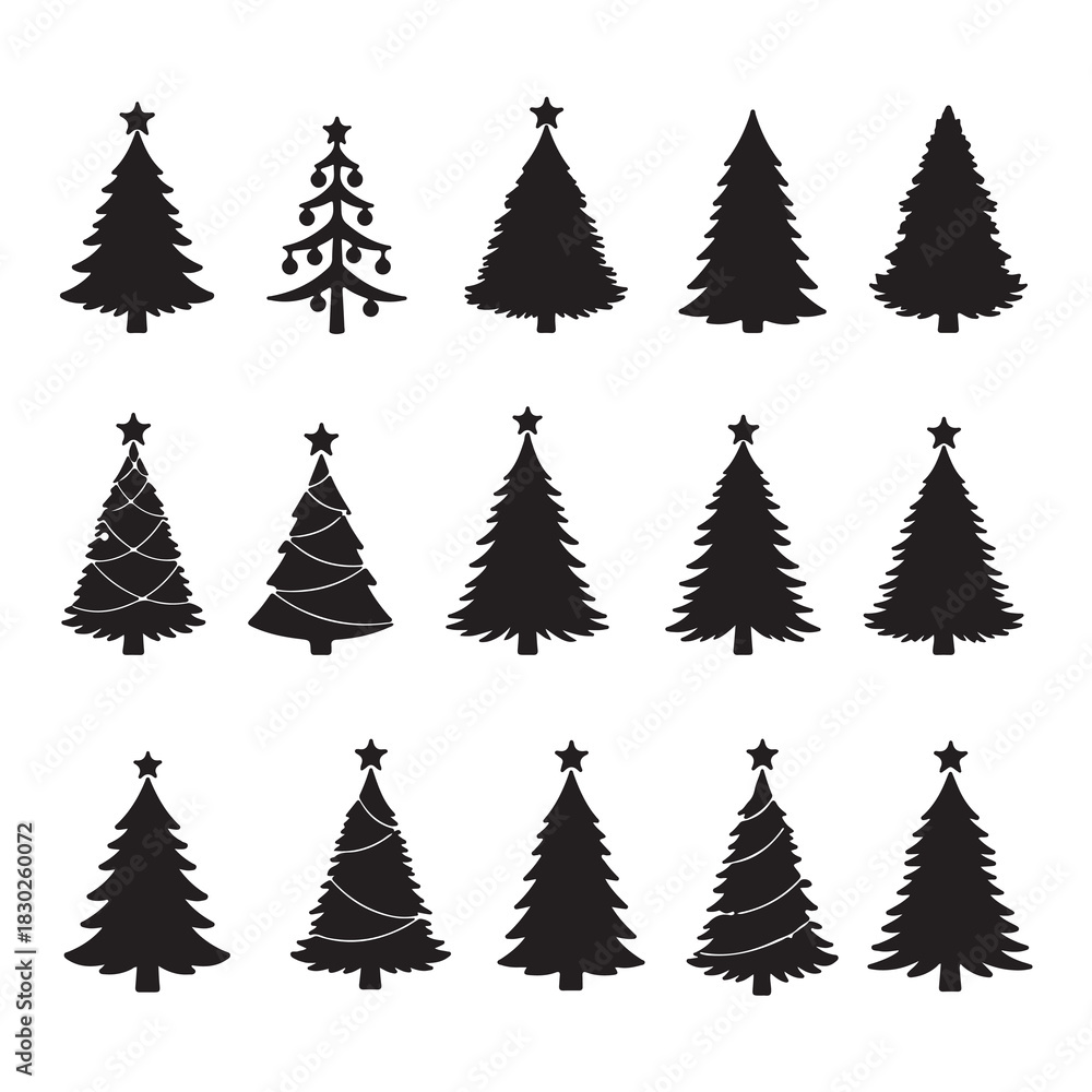 Obraz premium Diverse Collection of Christmas Tree Silhouettes and Icons Set
