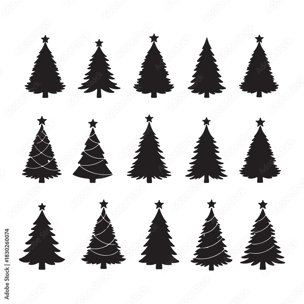 Fototapeta premium Diverse Christmas Tree Silhouettes with Star Toppers for Holiday Designs Set