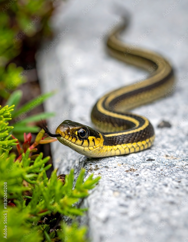 Obraz premium Slithering serpent with yellow stripes and forked tongue