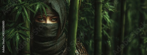 Womans eyes peeking through bamboo forest green natural environment concept