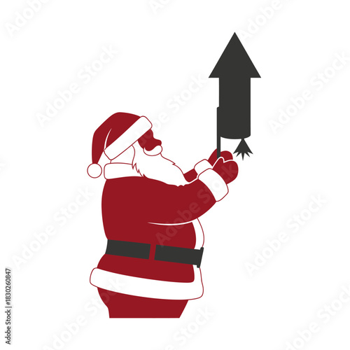 Illustration of Santa Claus holding a rocket firework, celebrating the new year or a festive occasion with excitement
