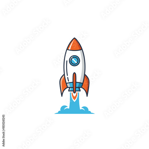 Cartoon rocket launching into space symbolizing startup success innovation technology exploration and future growth with a clear exhaust plume on a clean background