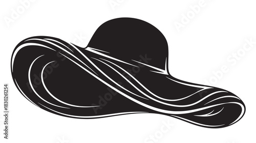 Sophisticated black sun hat with elegant white accents, perfect for summer fashion, stylish beachwear, or chic vacation vibes, adding a touch of glamour to any design project