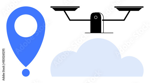 Balance scale floating above a cloud beside a blue location marker. Ideal for law, technology, cloud computing, global reach, navigation, connectivity, and decision-making. Simple flat metaphor