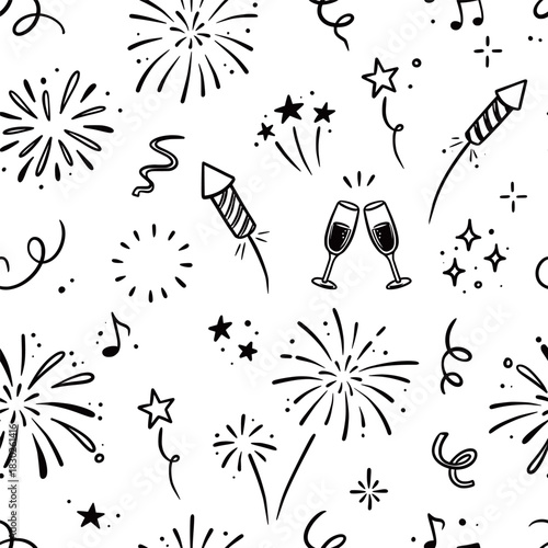 Doodle firework seamless pattern. Festive doodle background with hand drawn sparkler, confetti, and party elements for birthday or new year celebration seamless pattern. Vector illustration