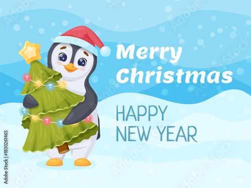 festive christmas horizontal banner with penguin, santa hat, hold christmas tree, text Merry Christmas and Happy New Year