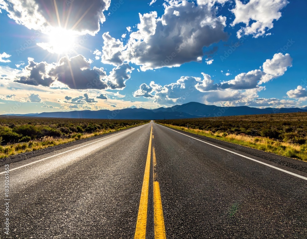 Fototapeta premium Road stretches into distance under sunlit cloudy sky