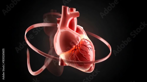 Animated human heart anatomy with rotating ribbons against a black background