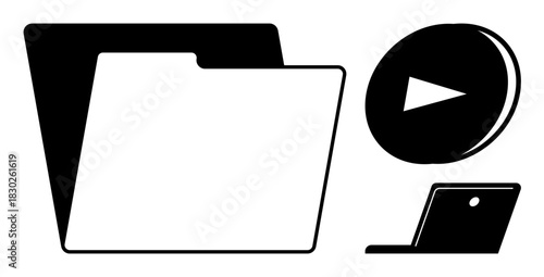Open folder symbolizing document storage, play button for media, laptop representing technology. Ideal for organization, media, workflow, productivity, archives, education simple flat metaphor