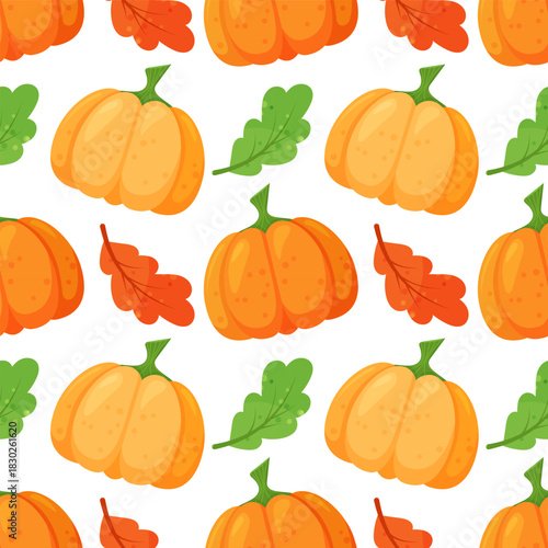 Cute cozy autumn seamless pattern with pumpkins and fall leaves. Perfect for seasonal designs, stationery, or home decor