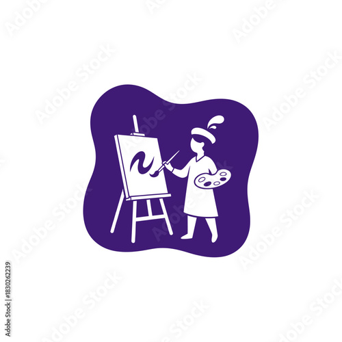 Artist painting on easel holding palette and brush creative activity vector illustration