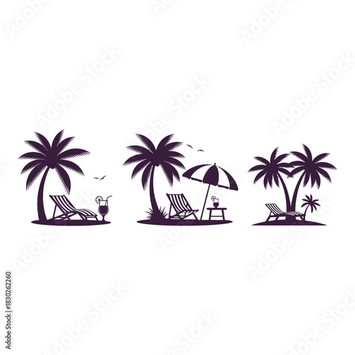 Tropical beach paradise with palm trees and relaxing beach chairs creating a summer vacation silhouette getaway with cocktails and umbrella