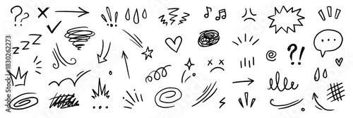 Line hand drawn cute movement element effect sketch shape. Hand drawn cute doodle line motion element arrow, emphasis, shock emotion, sparkle. Motion cartoon emoticon chalk icon. Vector illustration