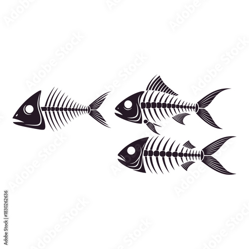 Vector illustration of three fish skeletons on a white background representing death and decay concept with monochrome minimalist design