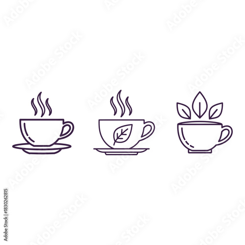 Aesthetic illustrations of tea cups with different green tea flavours depicted by floating leaves and steamy aroma