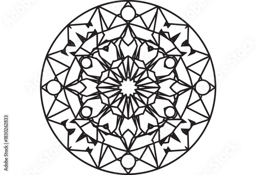 Intricate geometric mandala design perfect for coloring books, meditative art, or spiritual patterns, offering a calming and creative outlet for relaxation and mindfulness projects