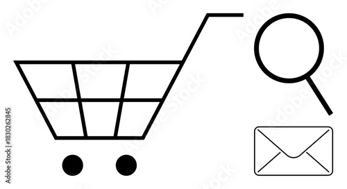 Shopping cart, magnifying glass, and email envelope represent e-commerce, product discovery, communication, marketing, delivery, customer service, and digital connection in a simple flat metaphor