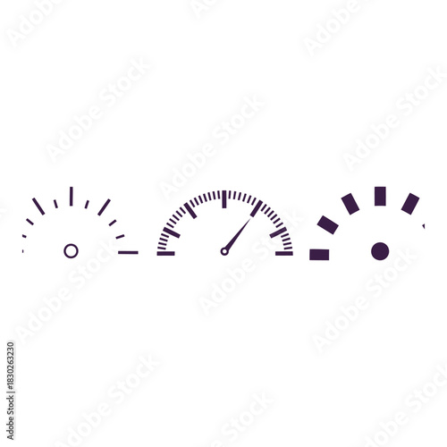 Conceptual Speedometer Icons Showing Progress and Performance Measurement on a White Background to Illustrate Dashboard Functionality and Analytic Presentation Elements