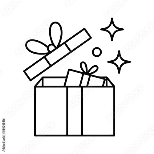 Open Gift Box with Sparkles Line Icon - Surprise, Celebration & Special Offer